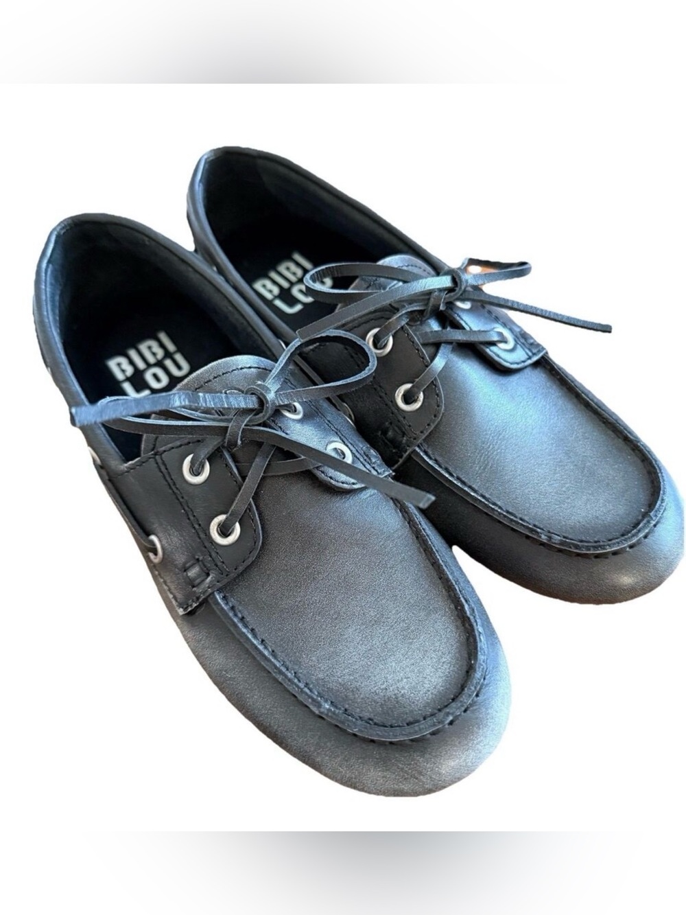 Bibi Lou Anthropologie Boat Shoes Sz EU 37 US 6-6.5 Black Leather Lace Up